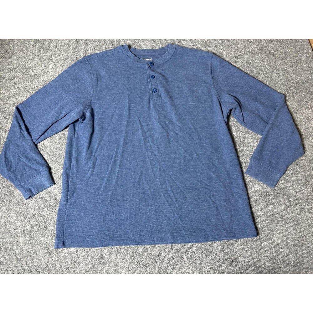 L.L. Bean Shirt Mens Large Blue Thermal Henley Long Sleeve Waffle Knit Tagless